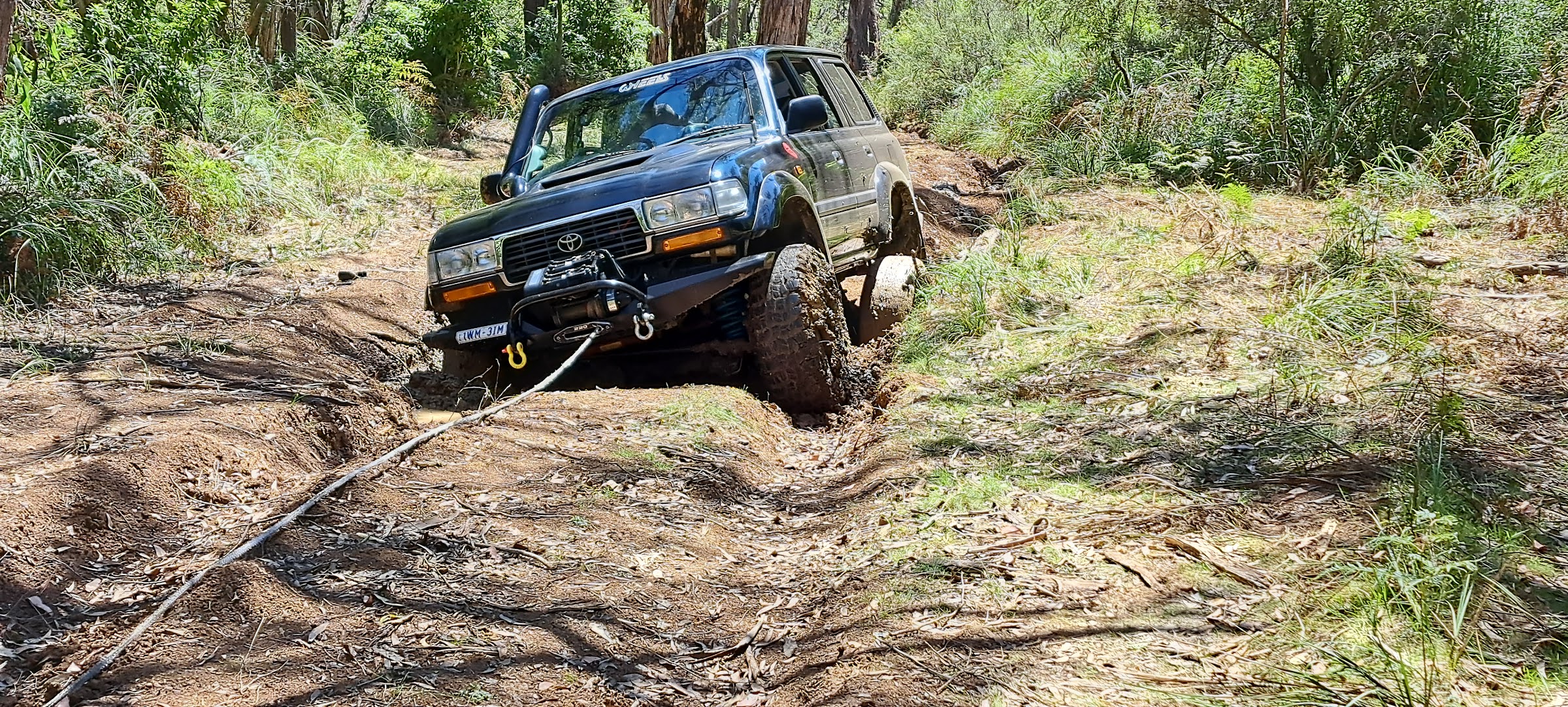 A Land Cruiser with a snorkel and winch being recovered on a rutted bush track
